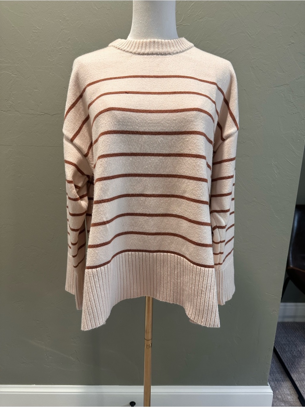 Baltic Born Oversized Cream Crewneck Sweater with Brown Stripes